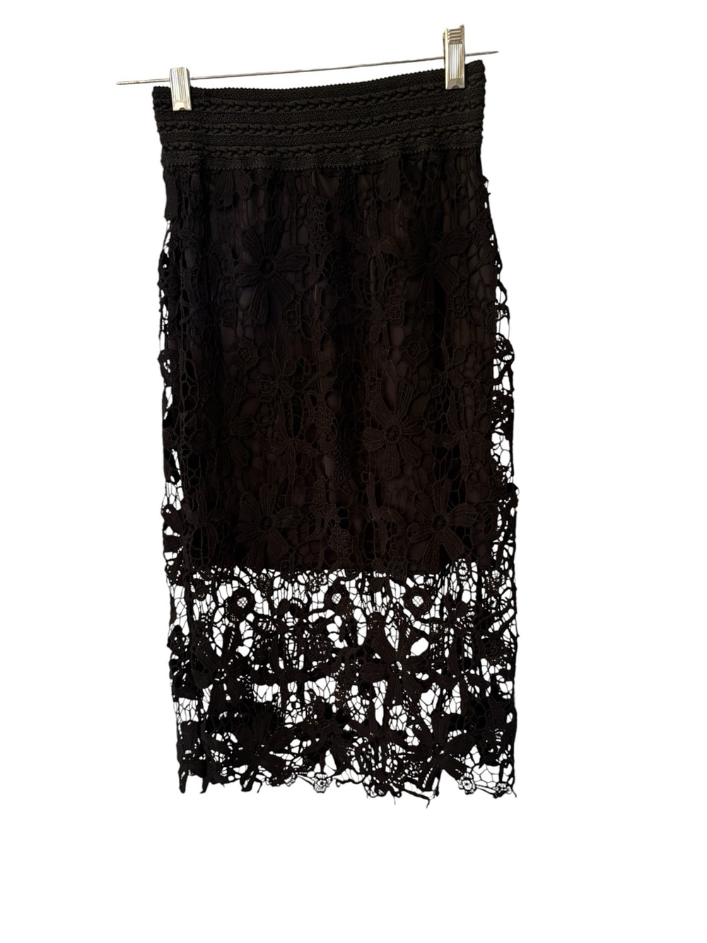 meraki Black Crochet Lace Midi Skirt